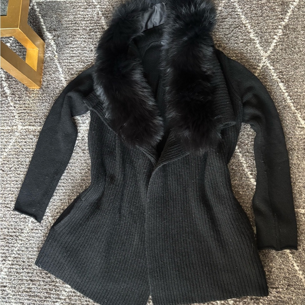 Vince Black Faux Fur (removable) Collar Cardigan